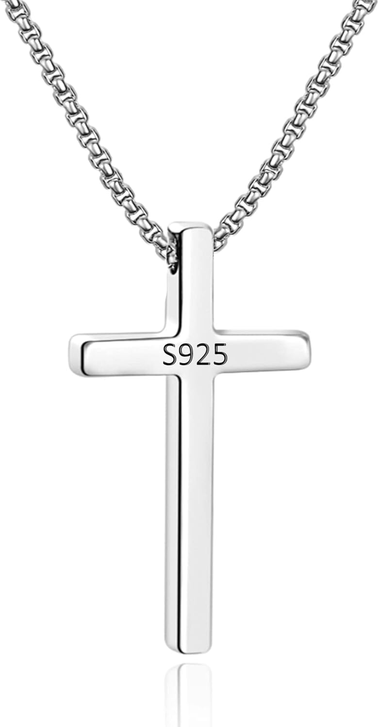 M MOOHAM Men's Cross Necklace - Stainless Steel Plain Cross Pendant with Box Chain, Available in Silver, Black, and Gold, Length 16-30 Inches