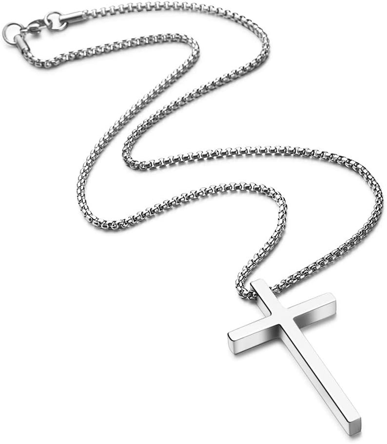 M MOOHAM Men's Cross Necklace - Stainless Steel Plain Cross Pendant with Box Chain, Available in Silver, Black, and Gold, Length 16-30 Inches