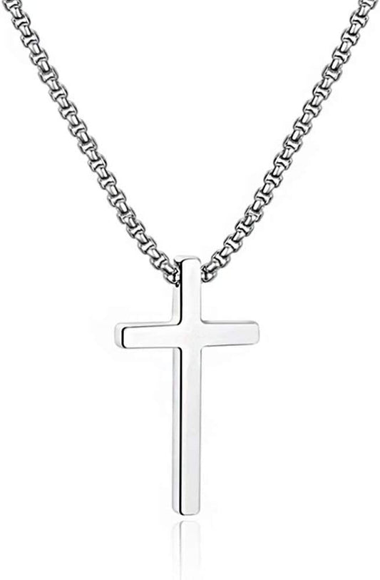 M MOOHAM Men's Cross Necklace - Stainless Steel Plain Cross Pendant with Box Chain, Available in Silver, Black, and Gold, Length 16-30 Inches