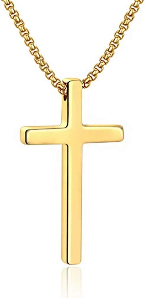 M MOOHAM Men's Cross Necklace - Stainless Steel Plain Cross Pendant with Box Chain, Available in Silver, Black, and Gold, Length 16-30 Inches