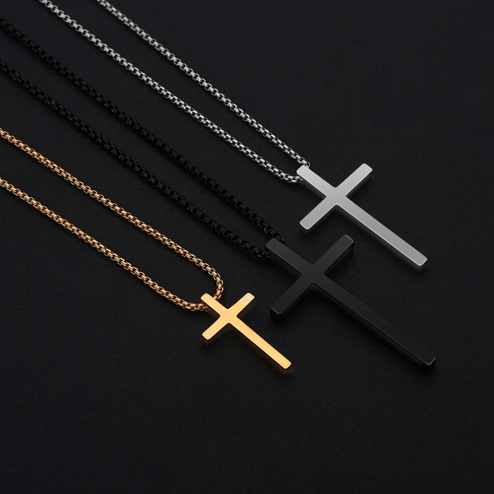 M MOOHAM Men's Cross Necklace - Stainless Steel Plain Cross Pendant with Box Chain, Available in Silver, Black, and Gold, Length 16-30 Inches