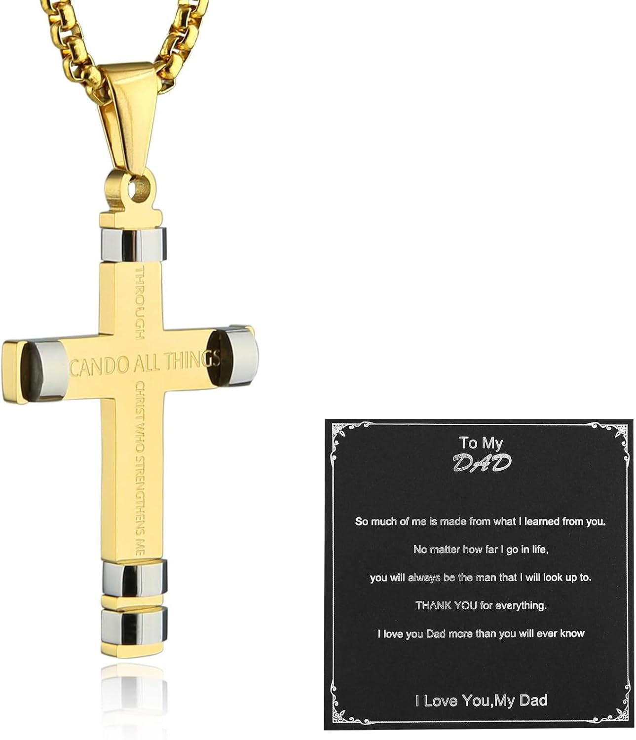 HZMAN Philippians 4:13 Cross Pendant Necklace - Strength Bible Verse in Stainless Steel, Available in Three Colors