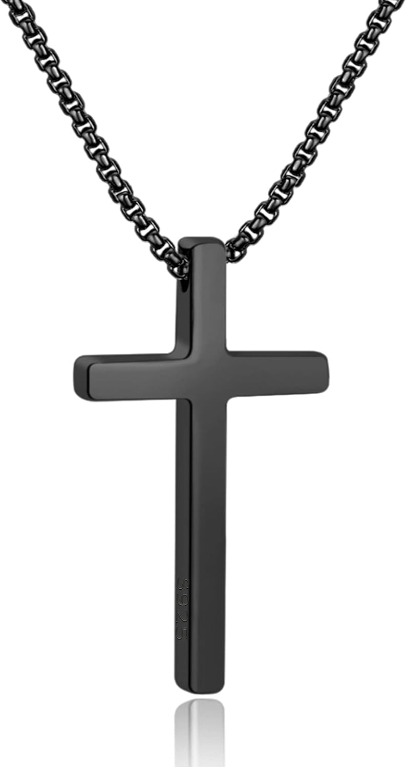 M MOOHAM Men's Cross Necklace - Stainless Steel Plain Cross Pendant with Box Chain, Available in Silver, Black, and Gold, Length 16-30 Inches