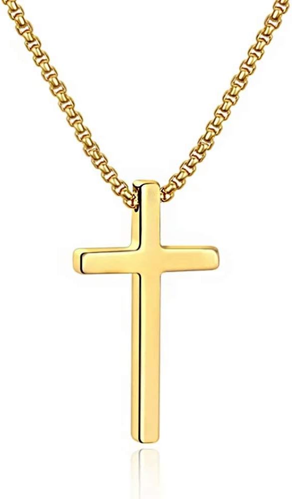 M MOOHAM Men's Cross Necklace - Stainless Steel Plain Cross Pendant with Box Chain, Available in Silver, Black, and Gold, Length 16-30 Inches