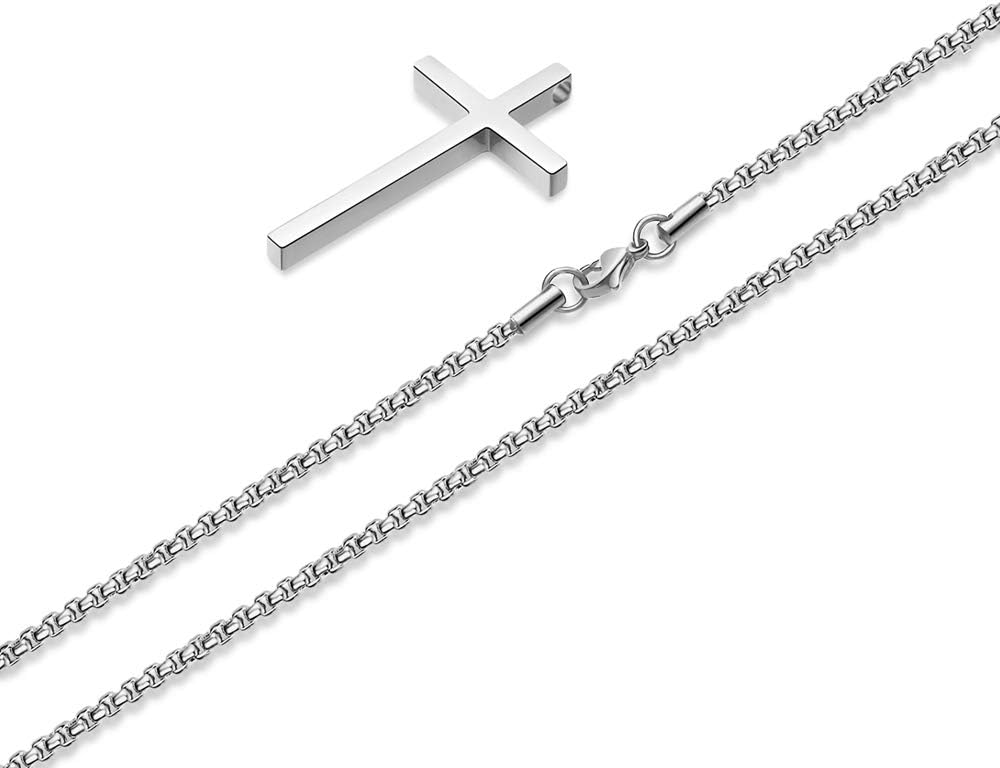 M MOOHAM Men's Cross Necklace - Stainless Steel Plain Cross Pendant with Box Chain, Available in Silver, Black, and Gold, Length 16-30 Inches