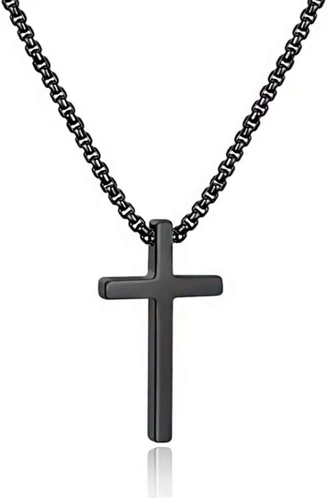 M MOOHAM Men's Cross Necklace - Stainless Steel Plain Cross Pendant with Box Chain, Available in Silver, Black, and Gold, Length 16-30 Inches