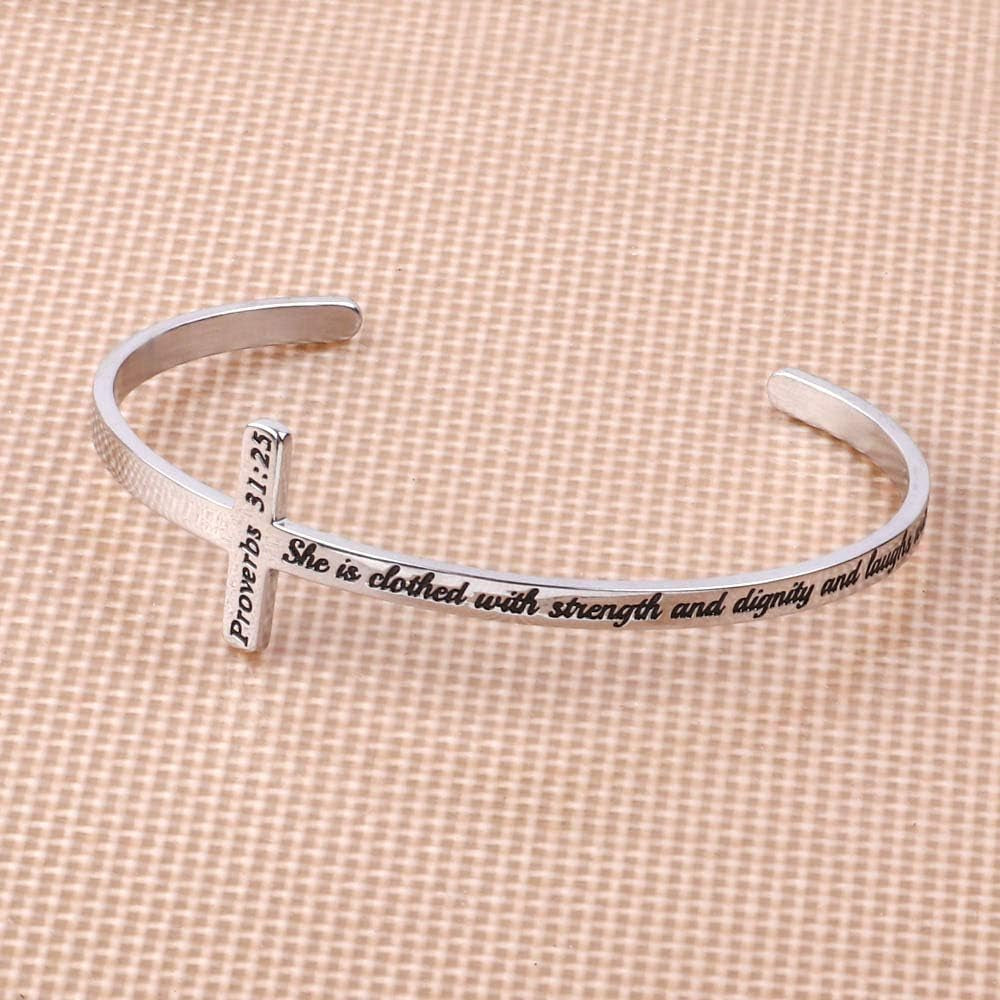 M MOOHAM Engraved Christian Cross Bracelet for Women - Religious Cuff Bangle with Bible Verse - Ideal Gift for Confirmation and Baptism