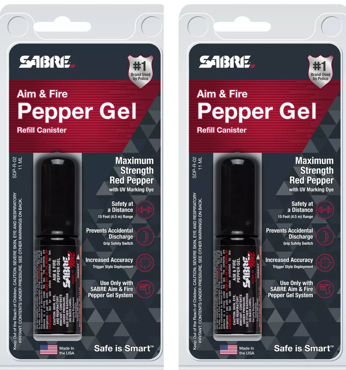 2 - SABRE RED Aim and Fire Pepper Gel Refill Canister 2 Pack UV Marking Dye USA