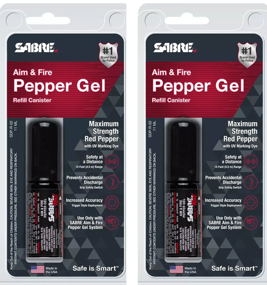 2 - SABRE RED Aim and Fire Pepper Gel Refill Canister 2 Pack UV Marking Dye USA