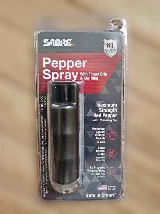 Sabre Pepper Spray with Ergonomic Finger Grip and Fast Flip Top - Black - 15g