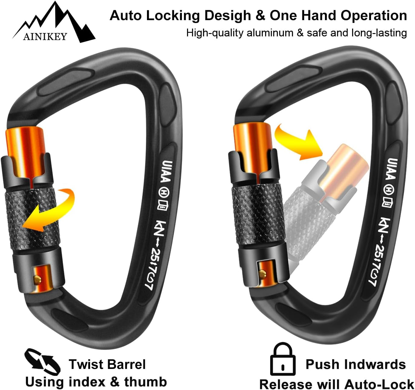 25kN Auto-Locking D-Shaped Carabiner Clips - Heavy Duty Large Locking Carabiners for Rock and Ice Climbing, Rappelling, Rescue, and Swinging Activities