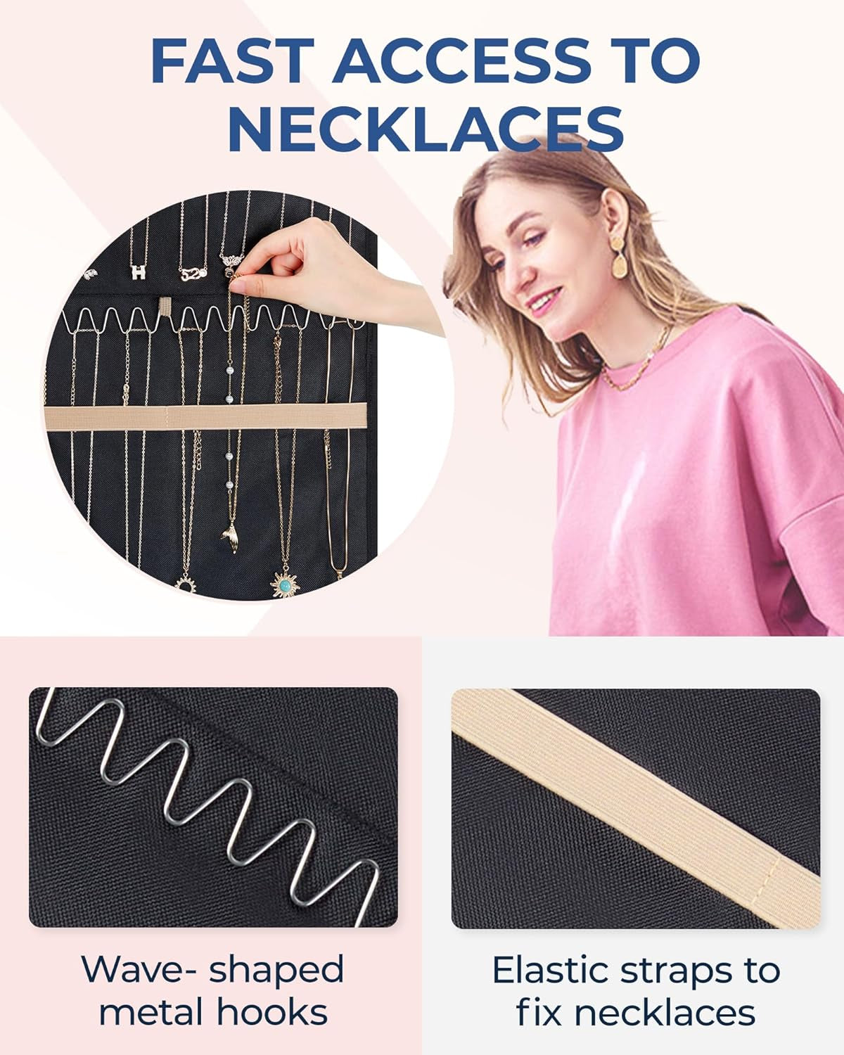 BAGSMART Double-Sided Jewelry Organizer with Hanger - Large Black Necklace and Bracelet Storage Roll with Metal Hooks for Closet, Wall, or Door