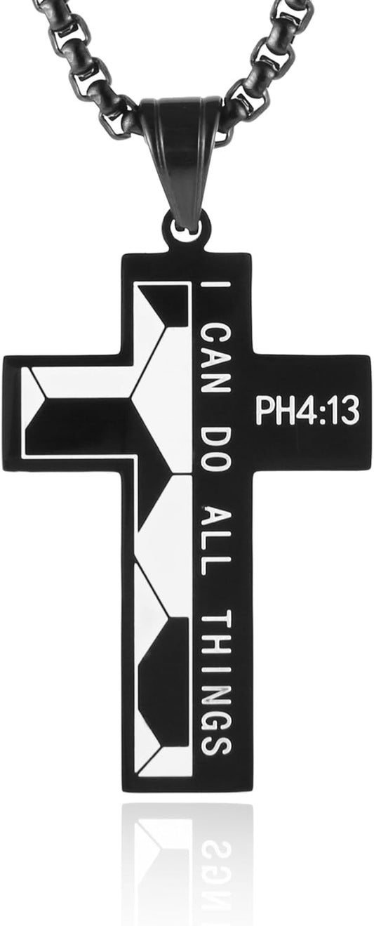 HZMAN Stainless Steel Soccer Cross Necklace for Men - Philippians 4:13 "I Can Do All Things