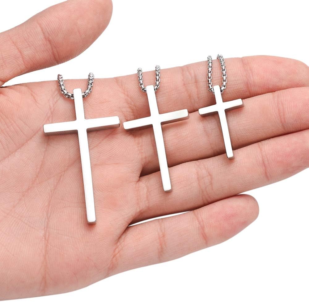 M MOOHAM Men's Cross Necklace - Stainless Steel Plain Cross Pendant with Box Chain, Available in Silver, Black, and Gold, Length 16-30 Inches