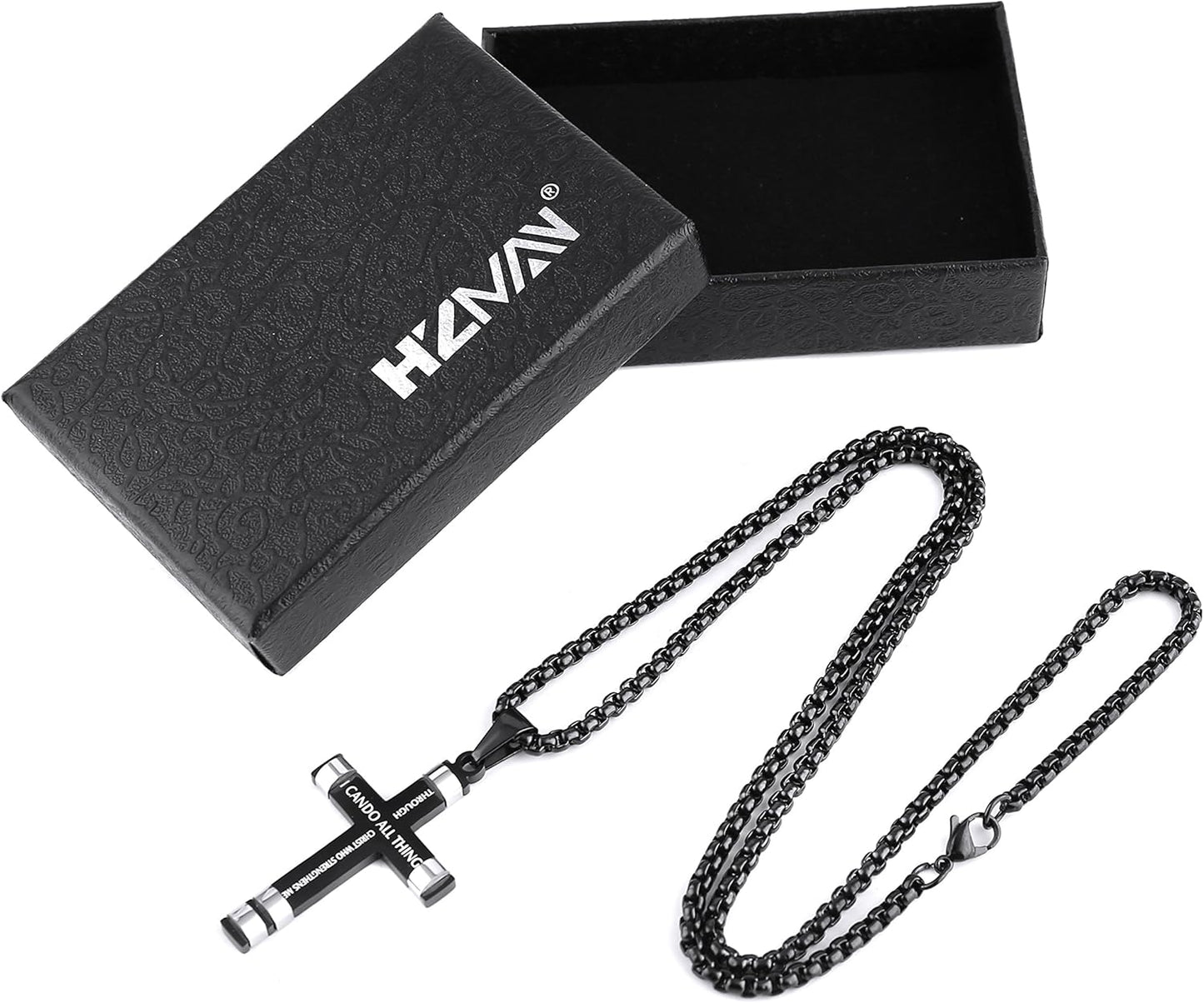HZMAN Philippians 4:13 Cross Pendant Necklace - Strength Bible Verse in Stainless Steel, Available in Three Colors