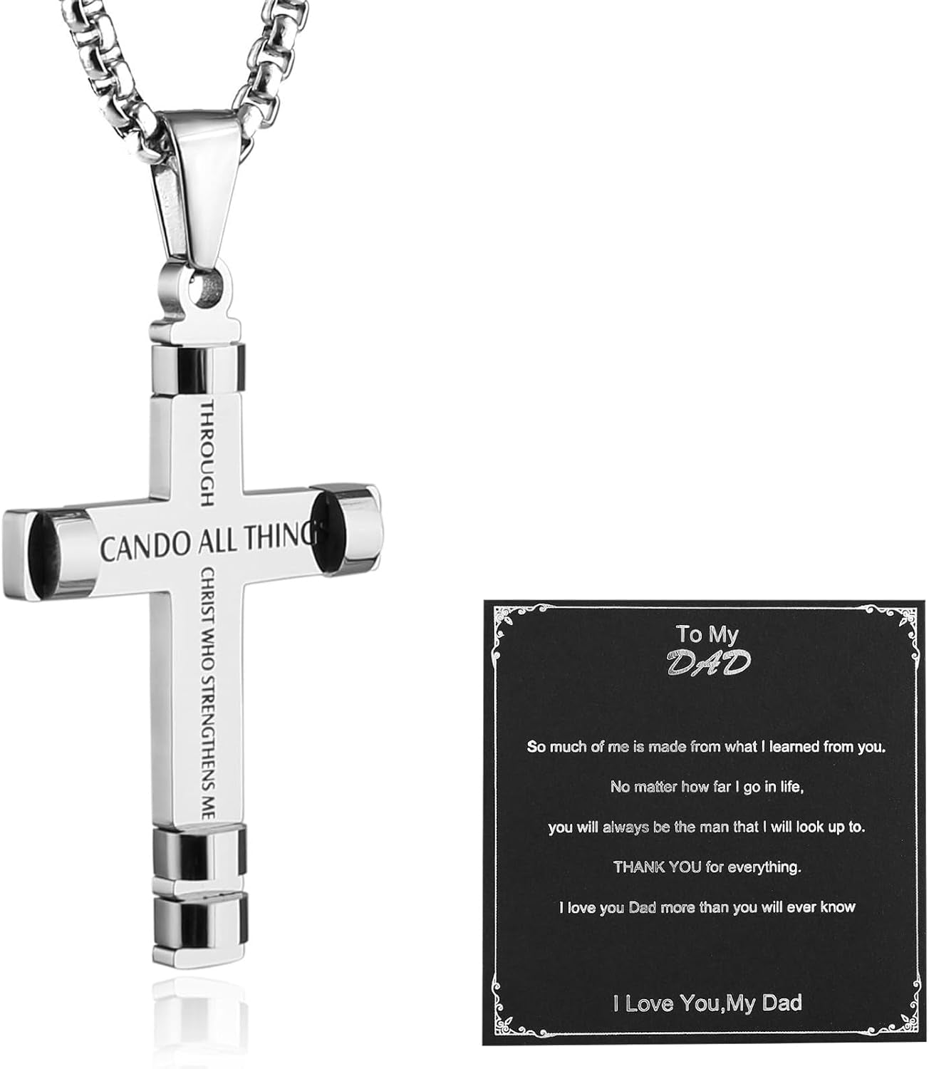 HZMAN Philippians 4:13 Cross Pendant Necklace - Strength Bible Verse in Stainless Steel, Available in Three Colors
