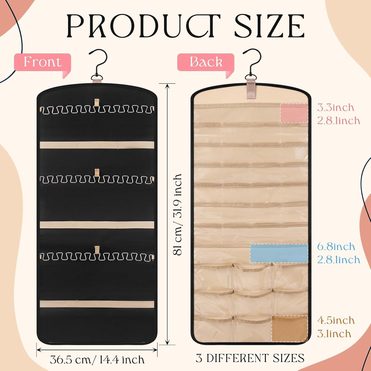 Double-Sided Wall-Mounted Jewelry Organizer with 39 Pockets and 30 Necklace Hooks - 2 Pack (Black)