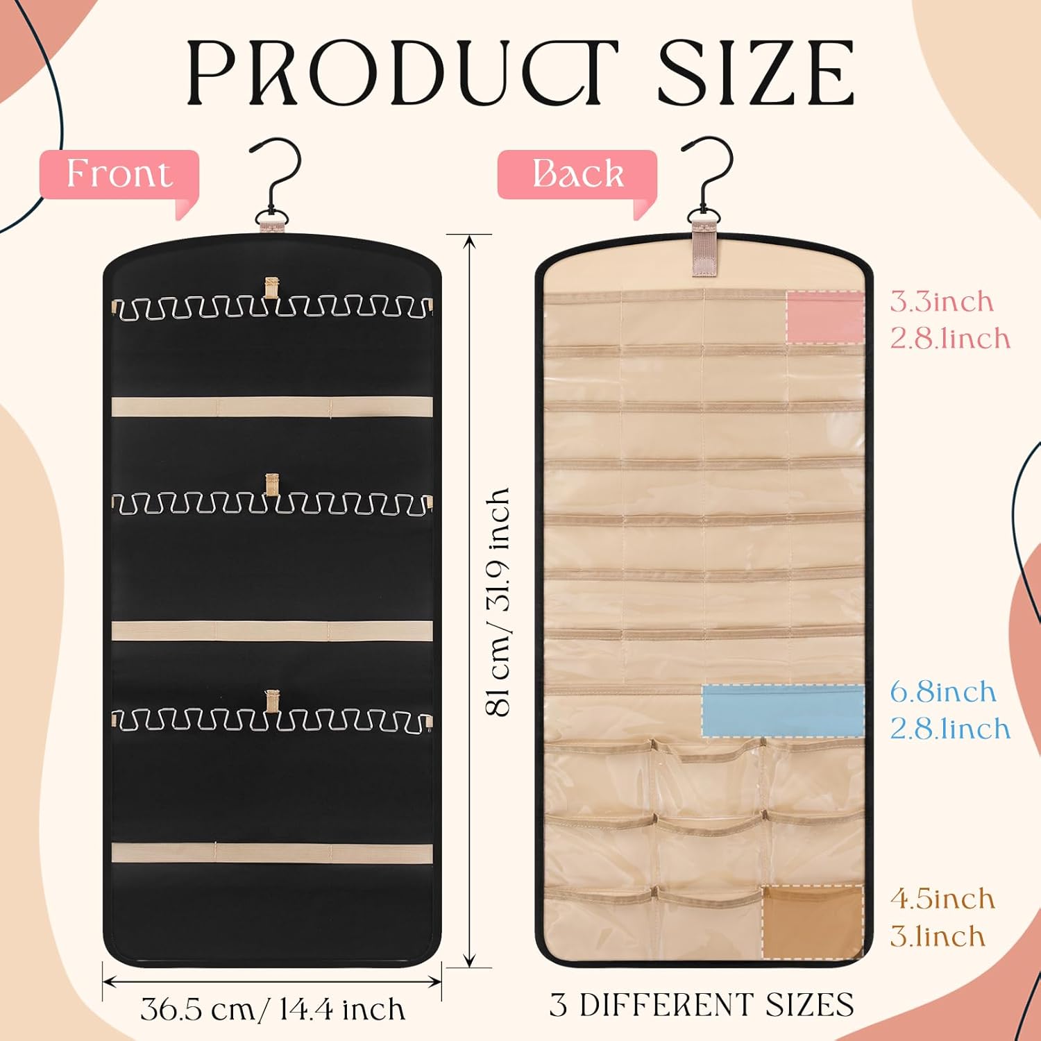 Double-Sided Wall-Mounted Jewelry Organizer with 39 Pockets and 30 Necklace Hooks - 2 Pack (Black)