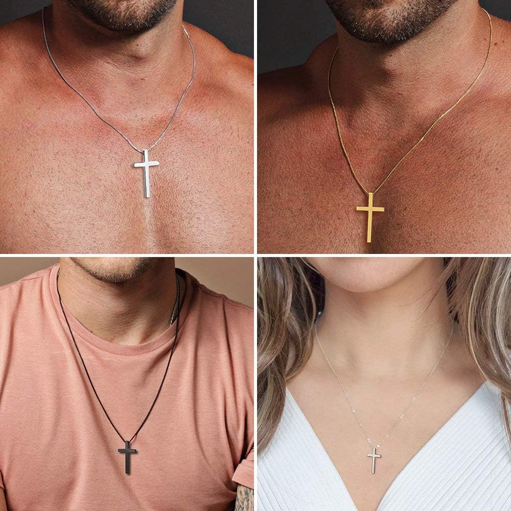 M MOOHAM Men's Cross Necklace - Stainless Steel Plain Cross Pendant with Box Chain, Available in Silver, Black, and Gold, Length 16-30 Inches
