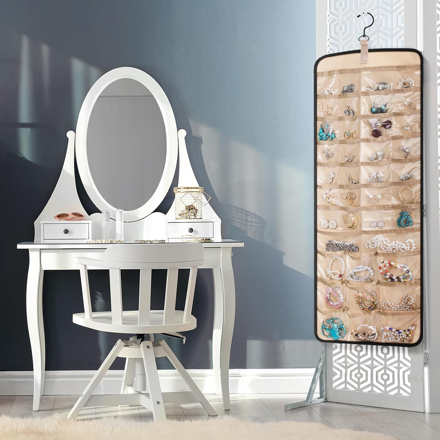 Double-Sided Wall-Mounted Jewelry Organizer with 39 Pockets and 30 Necklace Hooks - 2 Pack (Black)
