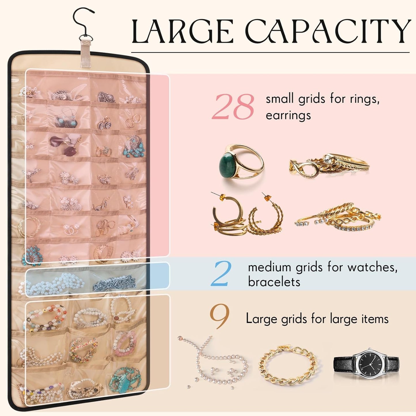 Double-Sided Wall-Mounted Jewelry Organizer with 39 Pockets and 30 Necklace Hooks - 2 Pack (Black)