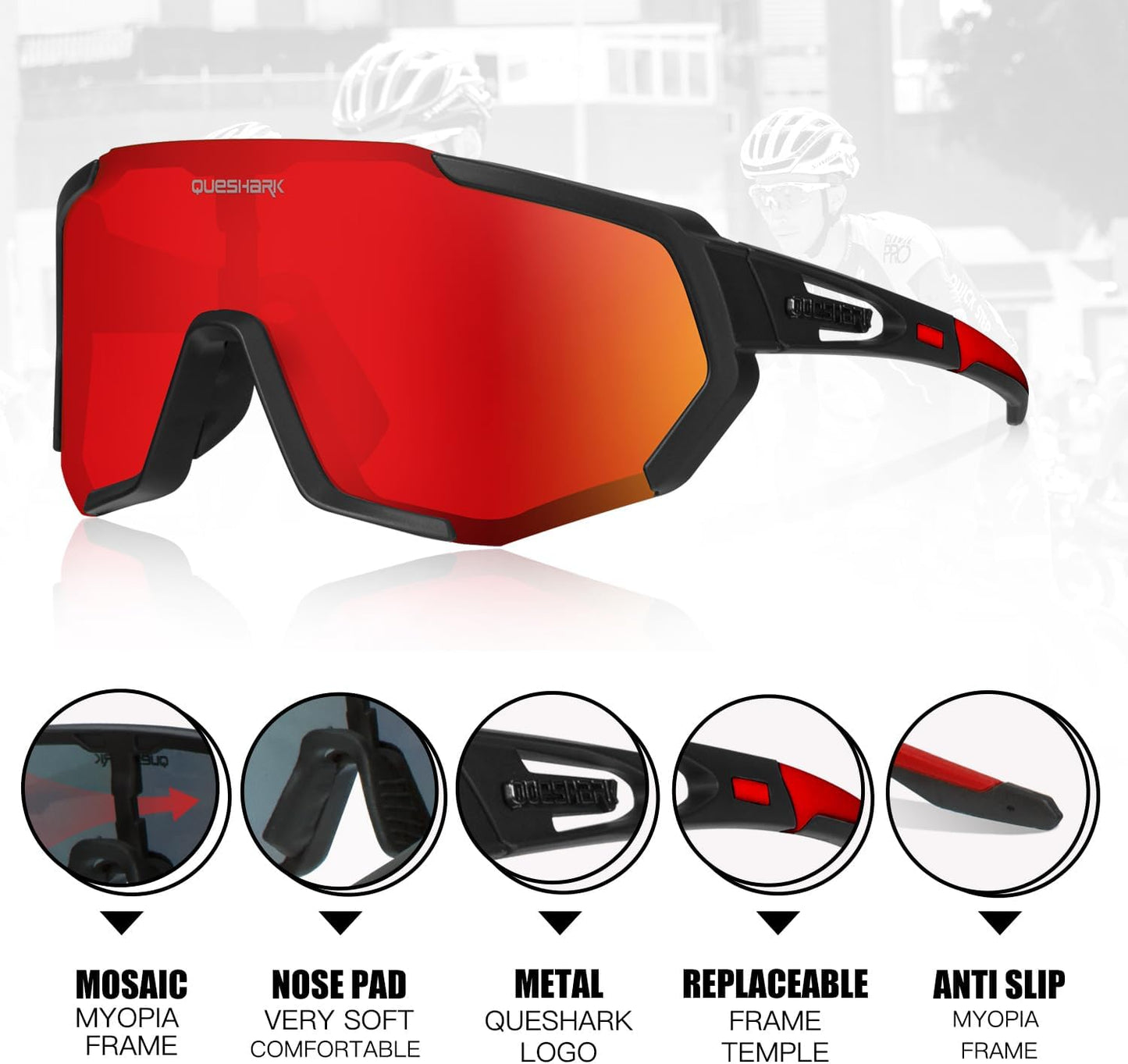 Queshark Polarized Sports Sunglasses for Men and Women, Featuring 1 Polarized and 2 HD Lenses for Cycling and Running