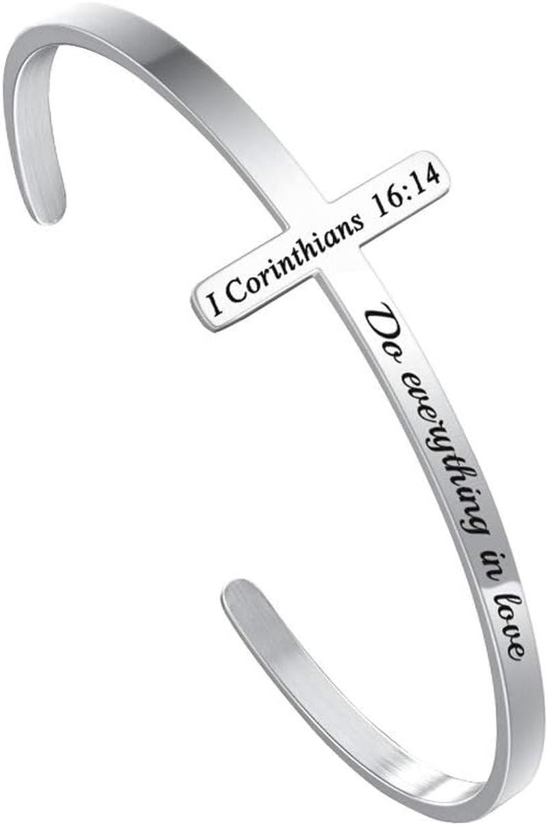 M MOOHAM Engraved Christian Cross Bracelet for Women - Religious Cuff Bangle with Bible Verse - Ideal Gift for Confirmation and Baptism