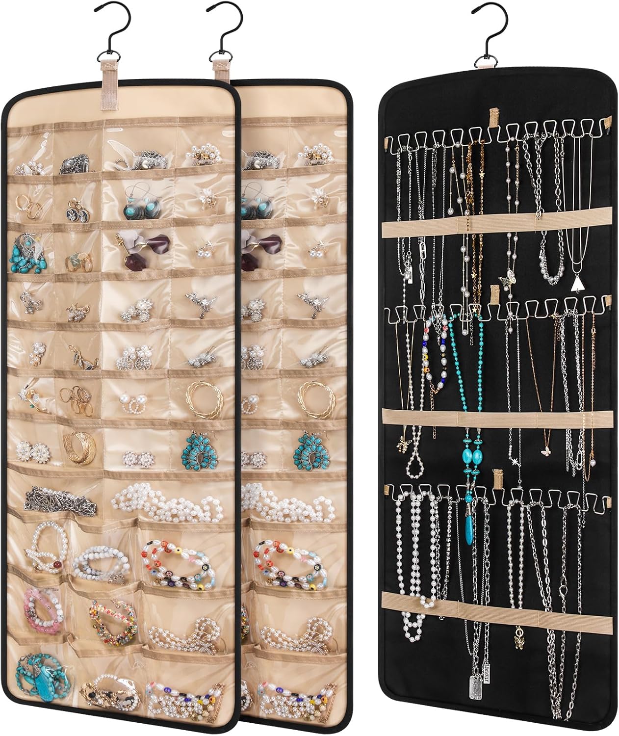 Double-Sided Wall-Mounted Jewelry Organizer with 39 Pockets and 30 Necklace Hooks - 2 Pack (Black)
