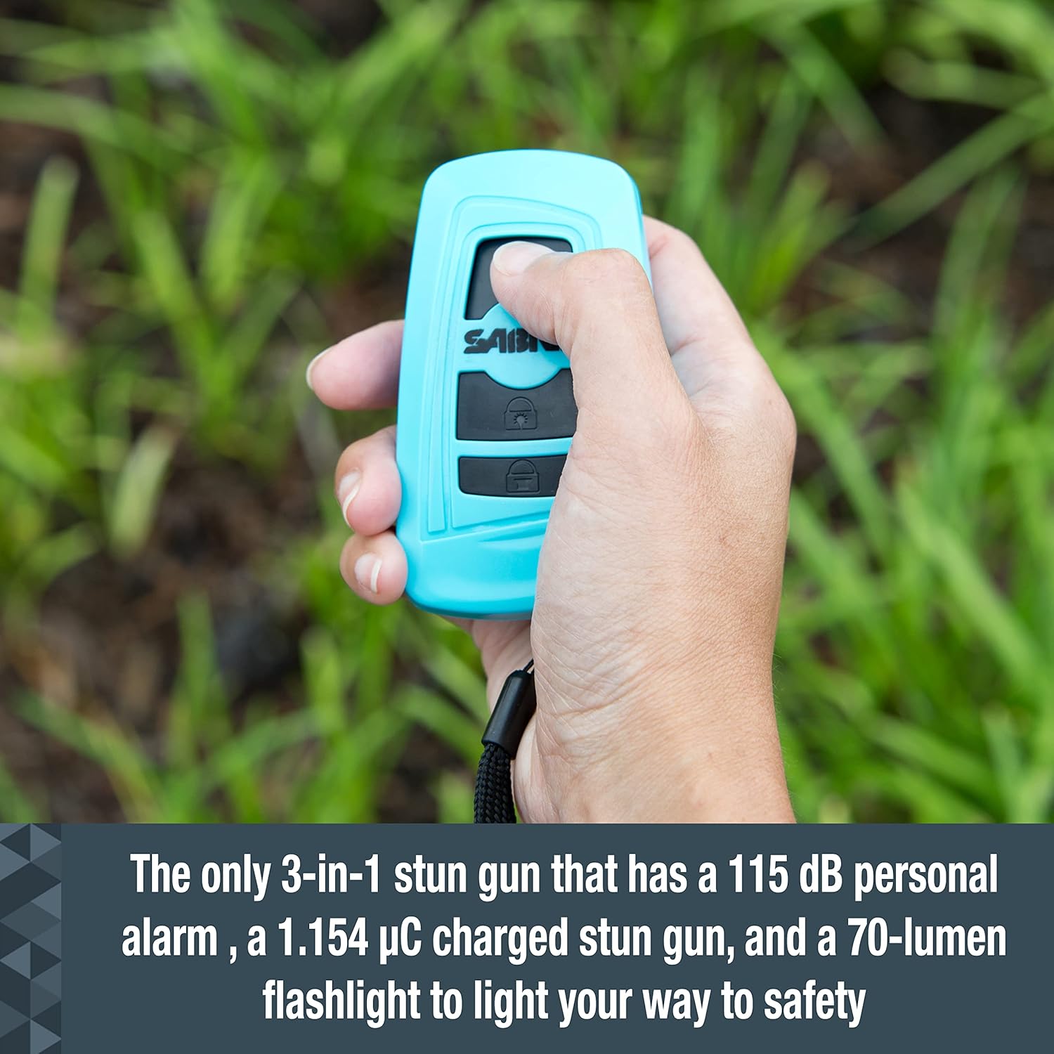 SABRE 3-In-1 Personal Safety Tool: Stun Gun with 1.154 Microcoulombs Charge, 115 dB Alarm, 70 Lumen Flashlight, and Wrist Strap