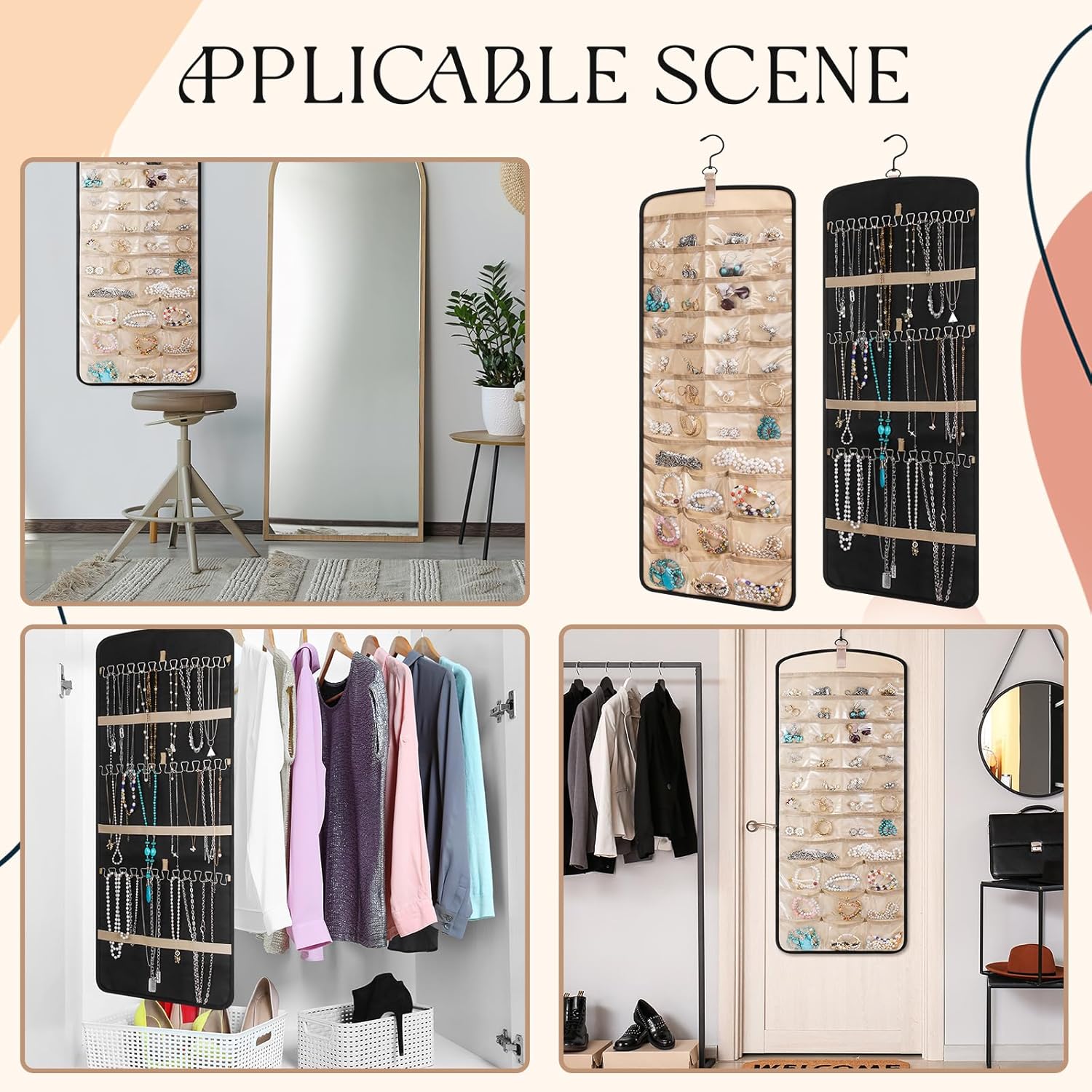 Double-Sided Wall-Mounted Jewelry Organizer with 39 Pockets and 30 Necklace Hooks - 2 Pack (Black)
