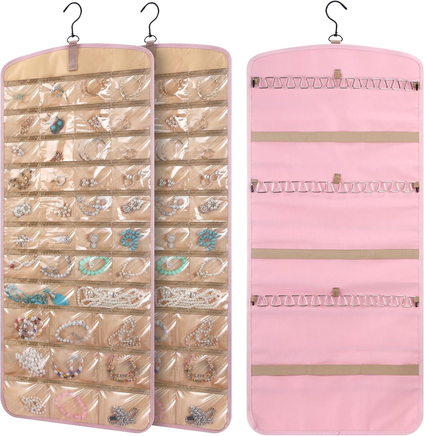 Double-Sided Wall-Mounted Jewelry Organizer with 39 Pockets and 30 Necklace Hooks - 2 Pack (Black)