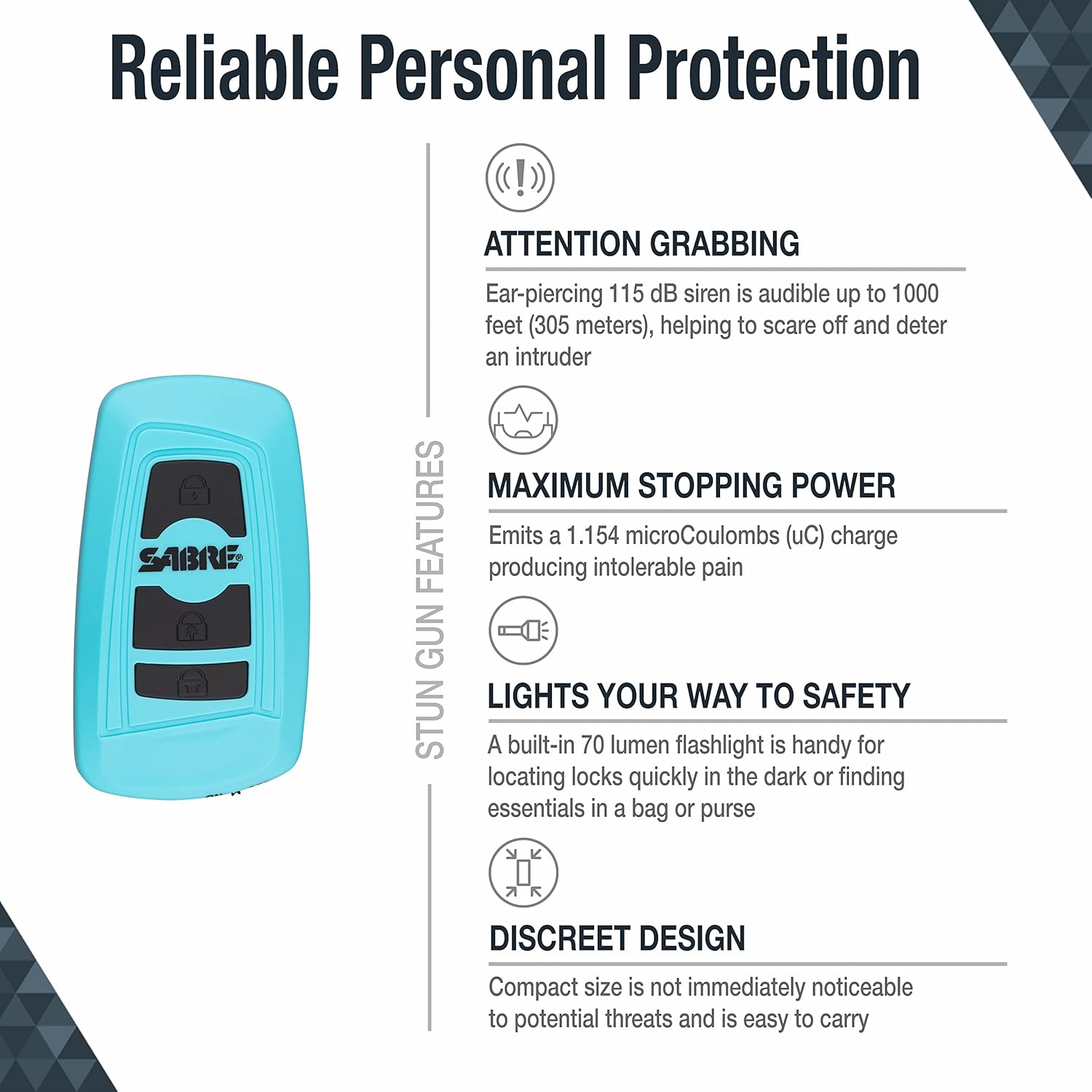 SABRE 3-In-1 Personal Safety Tool: Stun Gun with 1.154 Microcoulombs Charge, 115 dB Alarm, 70 Lumen Flashlight, and Wrist Strap
