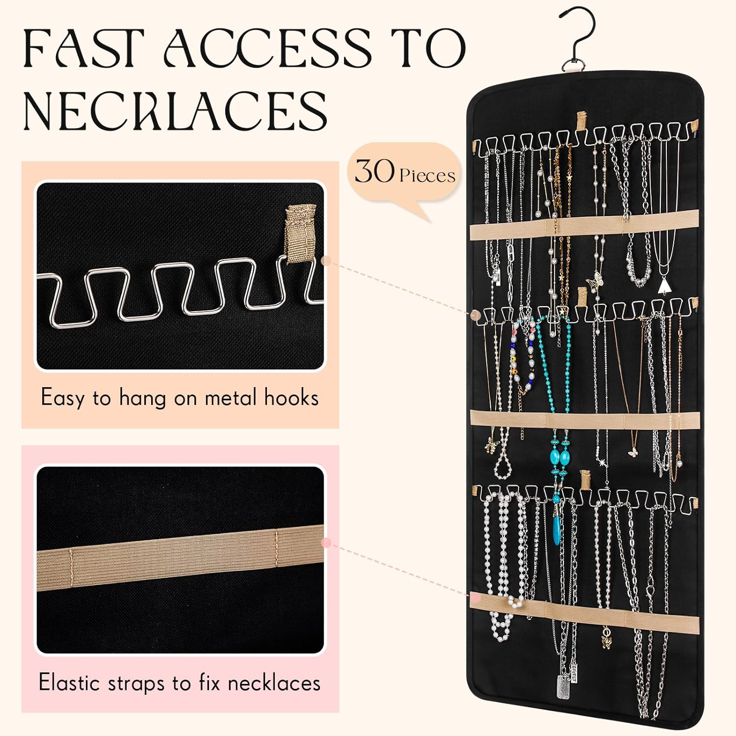 Double-Sided Wall-Mounted Jewelry Organizer with 39 Pockets and 30 Necklace Hooks - 2 Pack (Black)