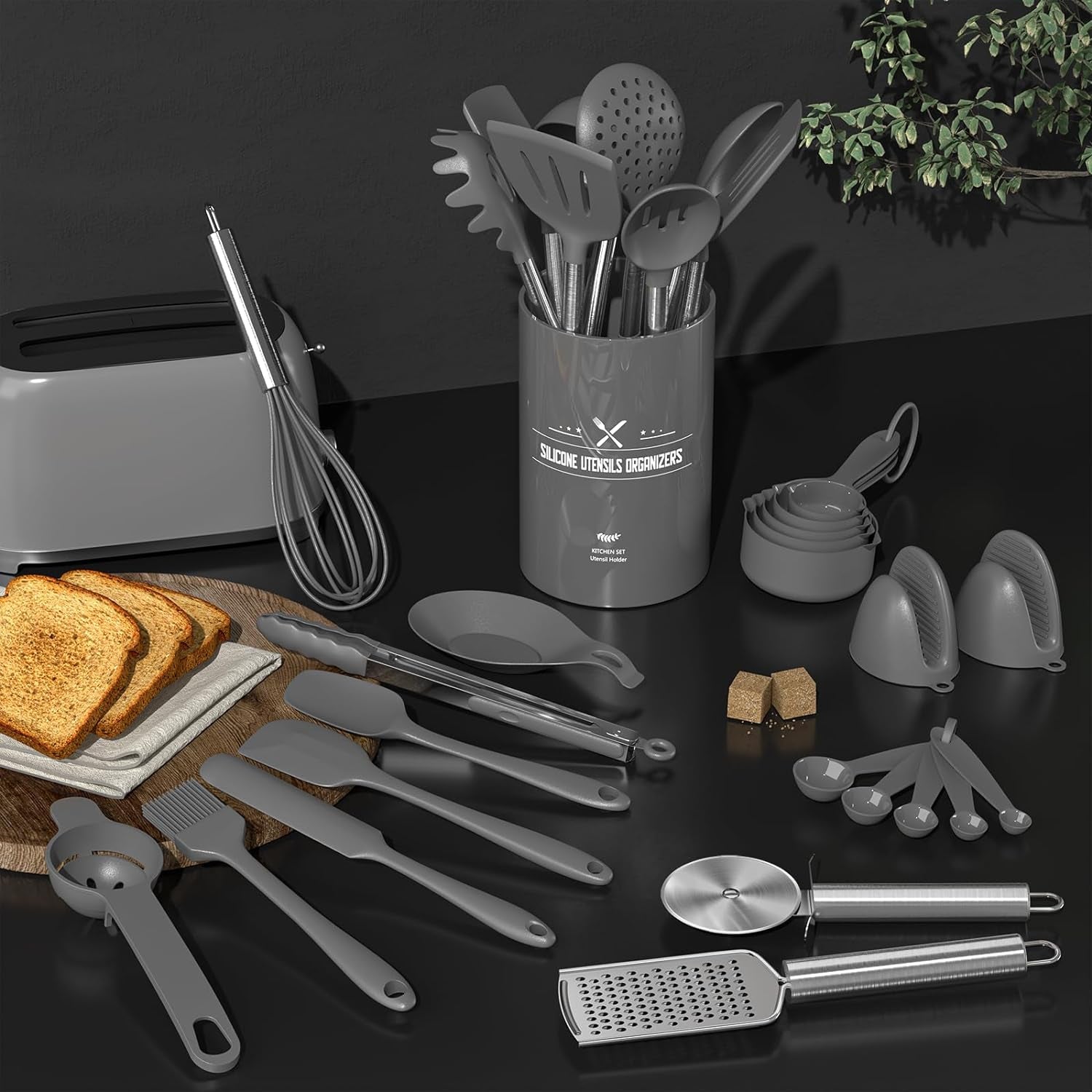 Umite Chef 43-Piece Silicone Cooking Utensil Set with Rose Gold Stainless Steel Handles - Non-Stick and Heat Resistant Cookware Set (Black)