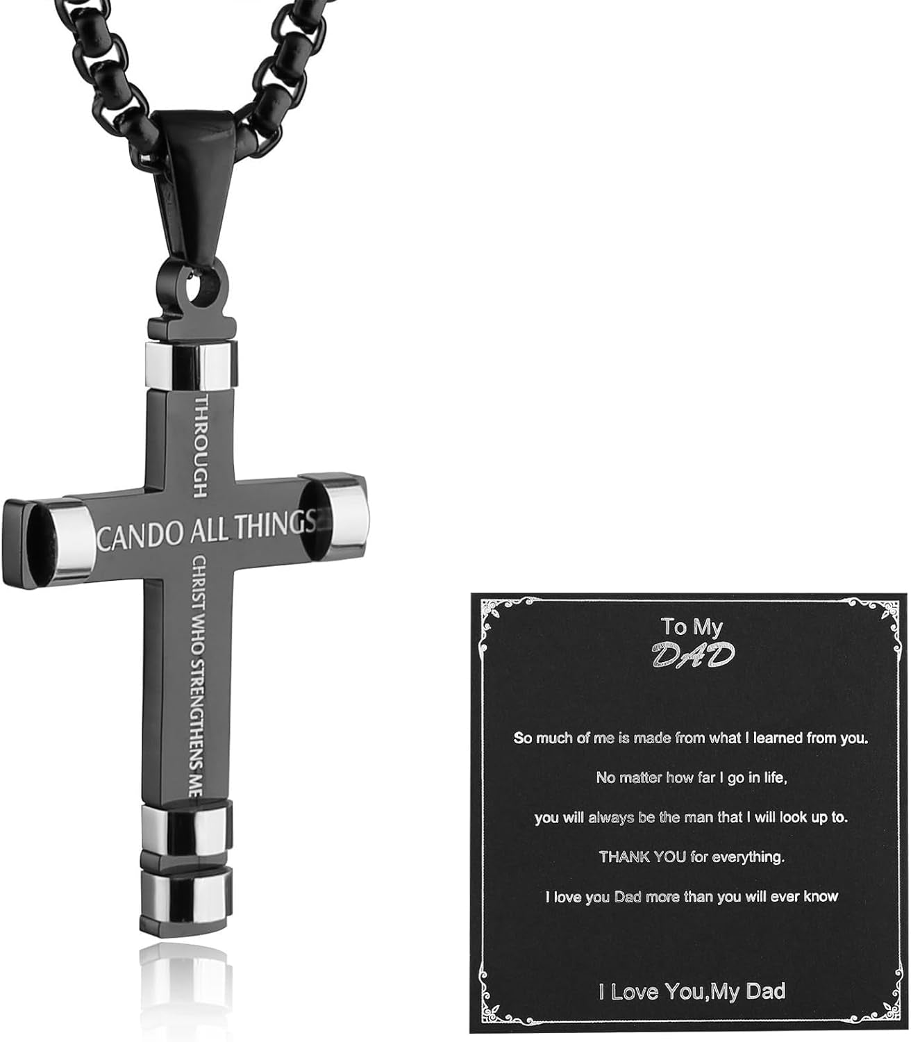 HZMAN Philippians 4:13 Cross Pendant Necklace - Strength Bible Verse in Stainless Steel, Available in Three Colors