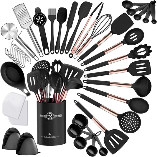 Umite Chef 43-Piece Silicone Cooking Utensil Set with Rose Gold Stainless Steel Handles - Non-Stick and Heat Resistant Cookware Set (Black)