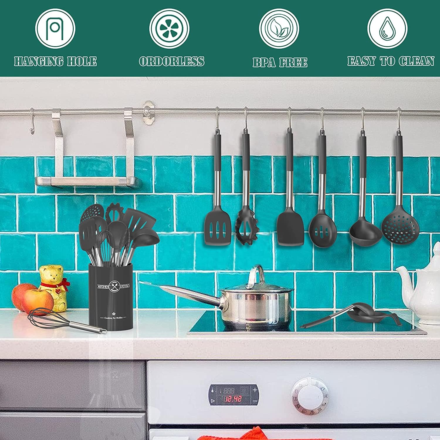 Umite Chef 43-Piece Heat-Resistant Silicone Kitchen Utensils Set with Stainless Steel Handles for Non-Stick Cookware - Black