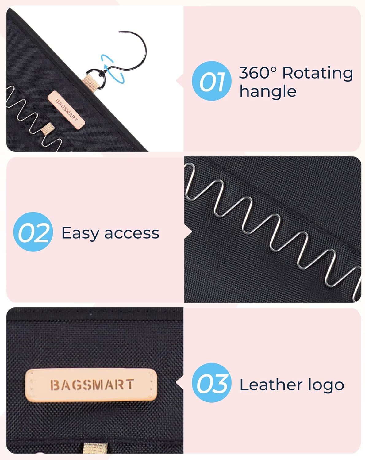 BAGSMART Double-Sided Jewelry Organizer with Hanger - Large Black Necklace and Bracelet Storage Roll with Metal Hooks for Closet, Wall, or Door