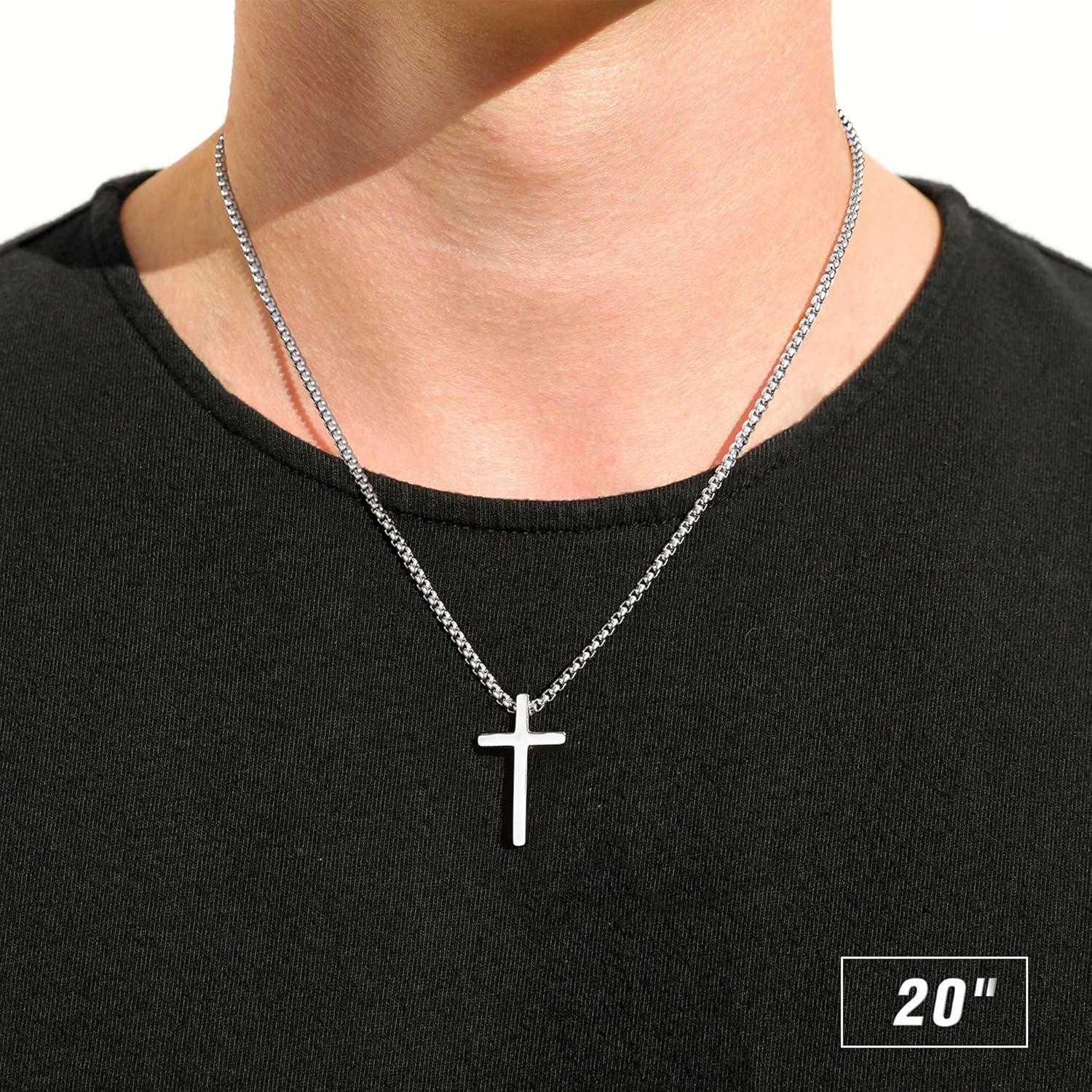 M MOOHAM Men's Cross Necklace - Stainless Steel Plain Cross Pendant with Box Chain, Available in Silver, Black, and Gold, Length 16-30 Inches