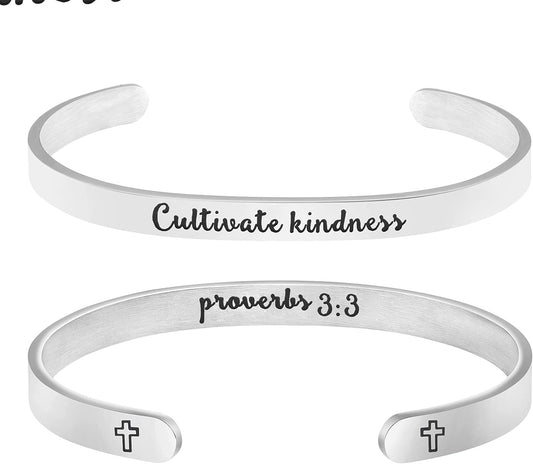 Inspirational Christian Bracelets for Women - Engraved Cuff Bangle with Proverbs 3:3 Scripture Jewelry Promoting Kindness