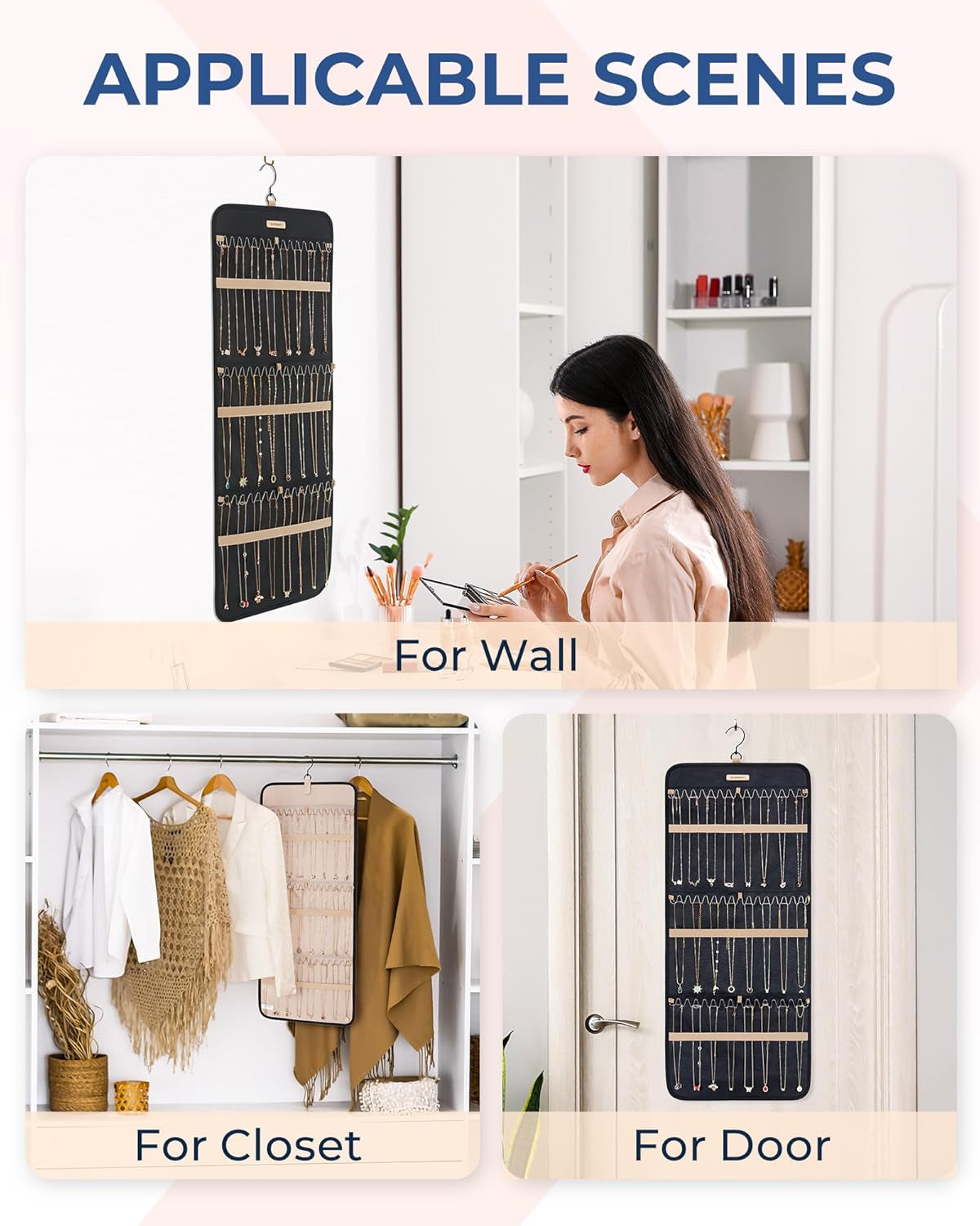BAGSMART Double-Sided Jewelry Organizer with Hanger - Large Black Necklace and Bracelet Storage Roll with Metal Hooks for Closet, Wall, or Door