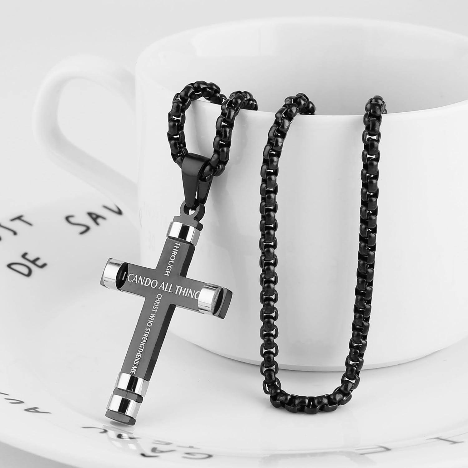 HZMAN Philippians 4:13 Cross Pendant Necklace - Strength Bible Verse in Stainless Steel, Available in Three Colors