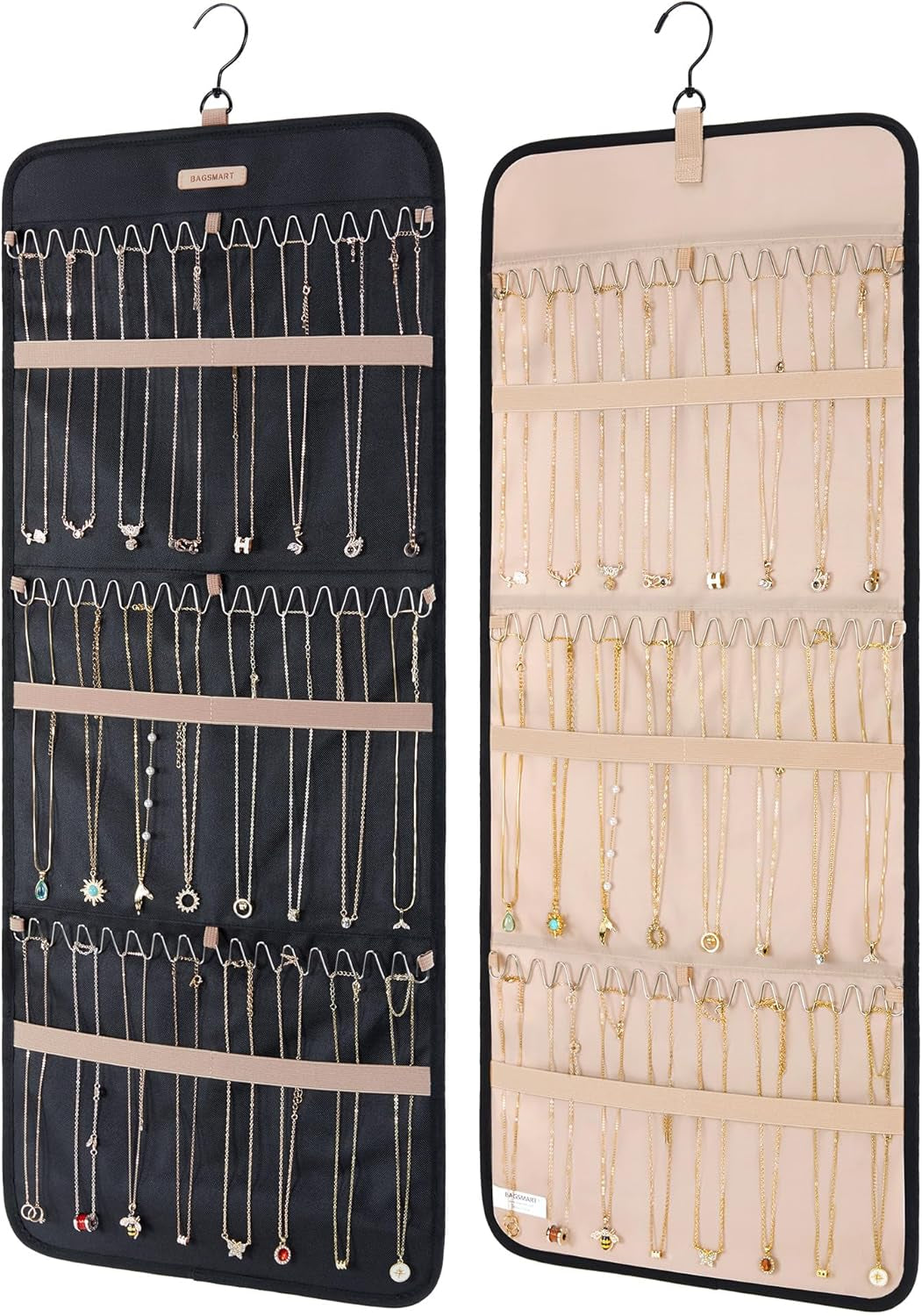 BAGSMART Double-Sided Jewelry Organizer with Hanger - Large Black Necklace and Bracelet Storage Roll with Metal Hooks for Closet, Wall, or Door