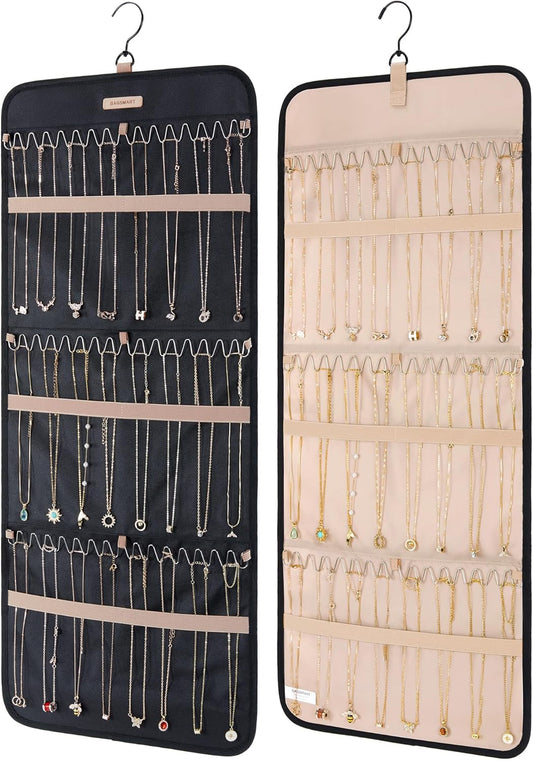 BAGSMART Double-Sided Jewelry Organizer with Hanger - Large Black Necklace and Bracelet Storage Roll with Metal Hooks for Closet, Wall, or Door