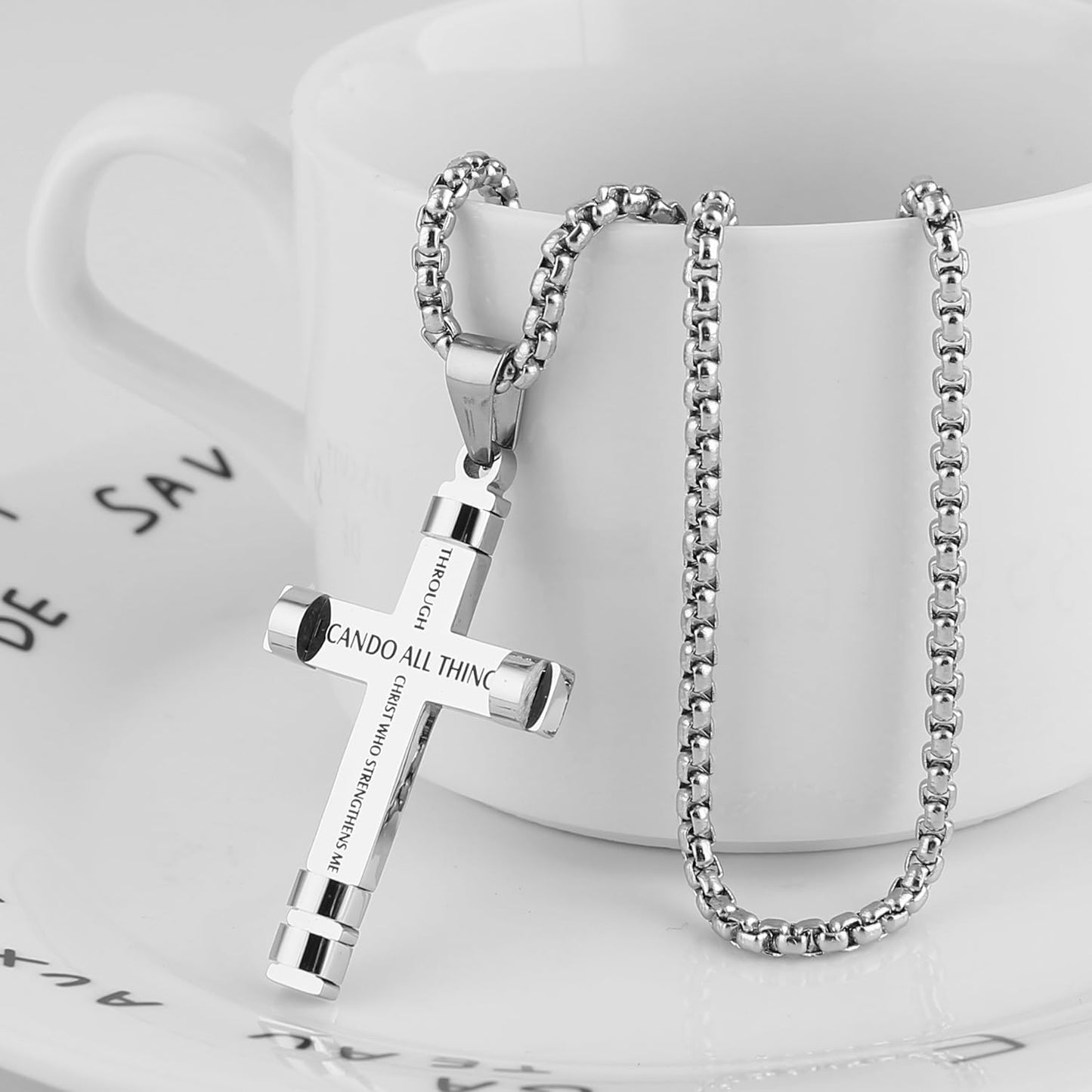 HZMAN Philippians 4:13 Cross Pendant Necklace - Strength Bible Verse in Stainless Steel, Available in Three Colors