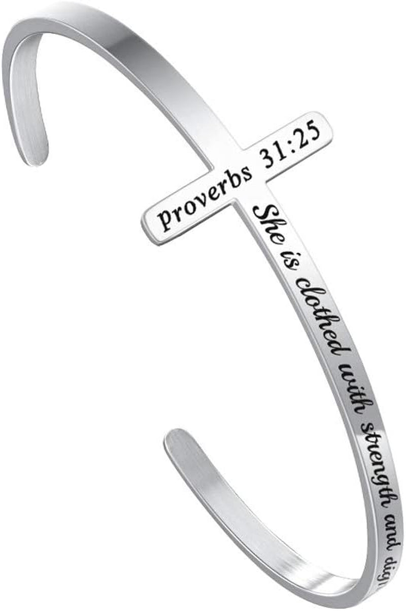 M MOOHAM Engraved Christian Cross Bracelet for Women - Religious Cuff Bangle with Bible Verse - Ideal Gift for Confirmation and Baptism