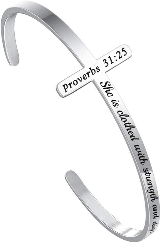 M MOOHAM Engraved Christian Cross Bracelet for Women - Religious Cuff Bangle with Bible Verse - Ideal Gift for Confirmation and Baptism