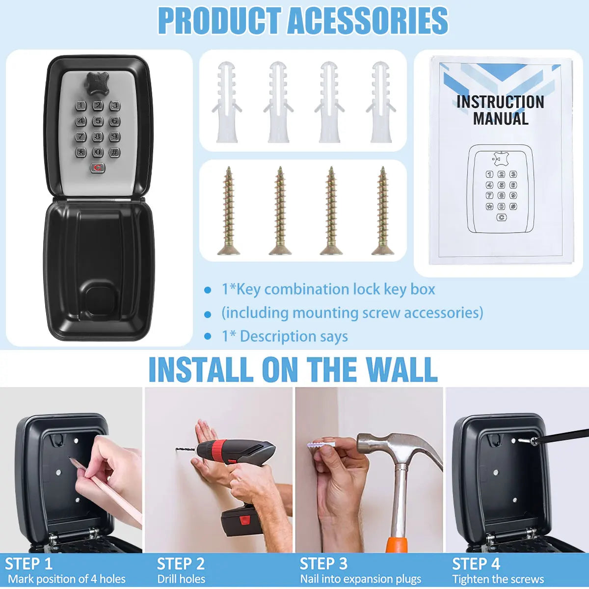 Key Lock Box Wall-Mount Secret Code Security Key Safe