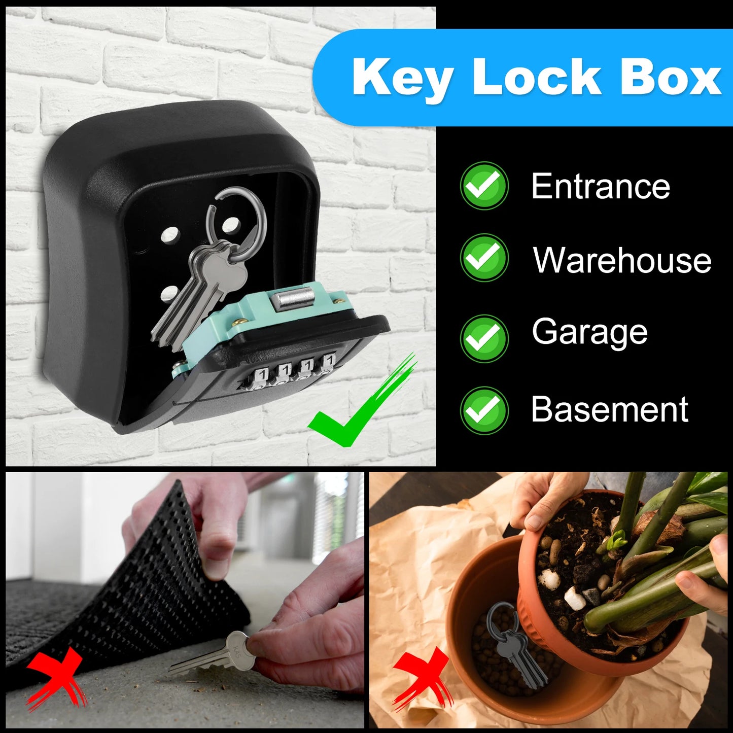 Key Lock Box Wall-Mount Secret Code Security Key Safe