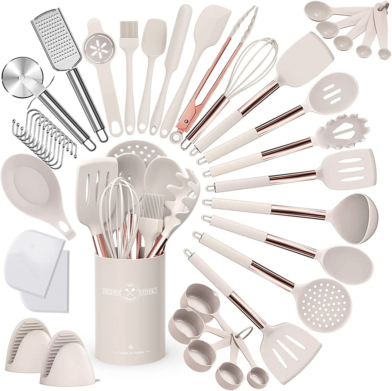 Umite Chef 43-Piece Silicone Cooking Utensil Set with Rose Gold Stainless Steel Handles - Non-Stick and Heat Resistant Cookware Set (Khaki)